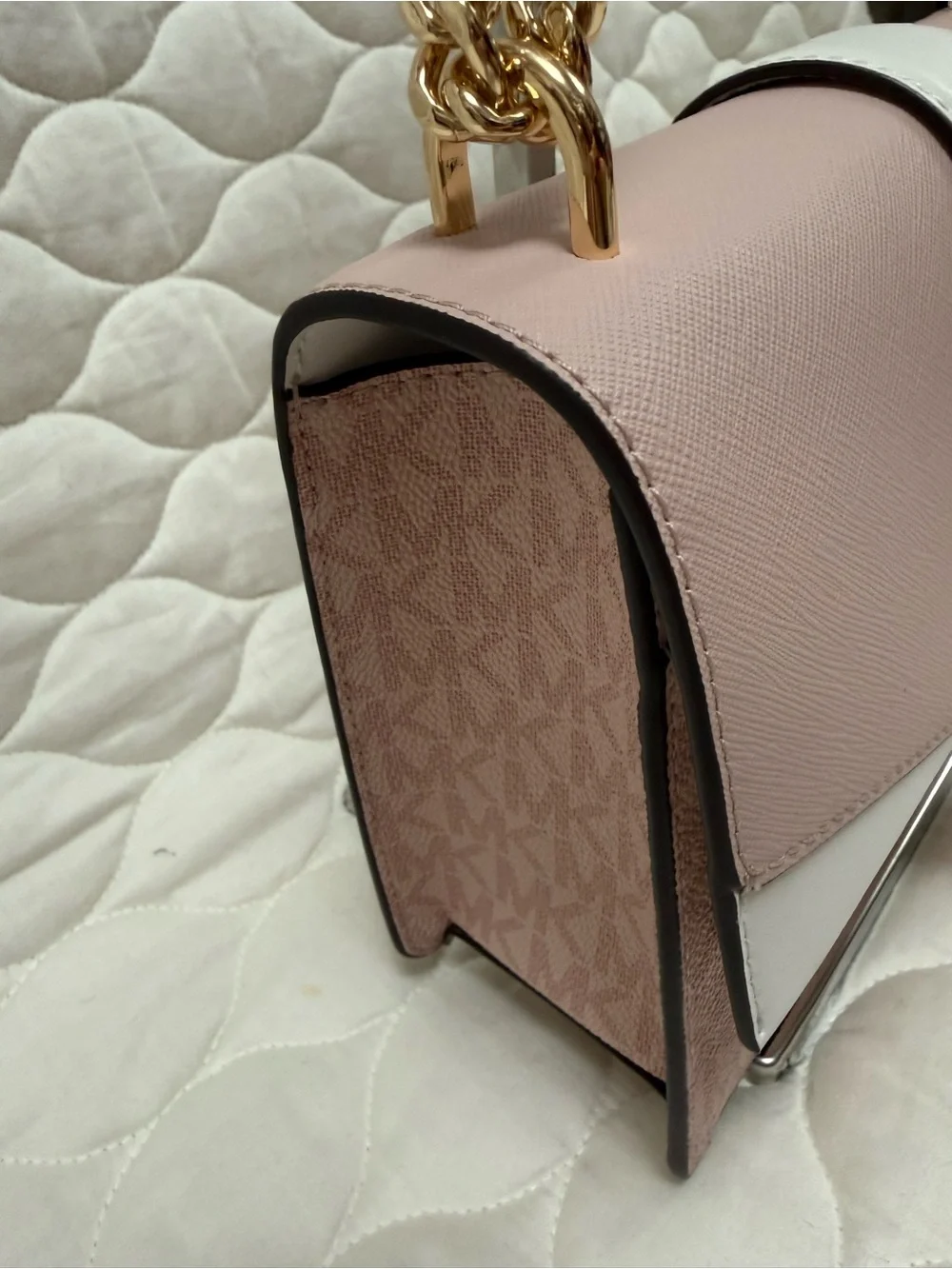 Michael Kors Blush Pink & White Leather Shoulder Bag with Gold MK Accent